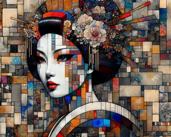 Stylized Japanese Portrait with Floral Headpieces
