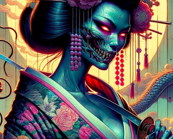 Demonic Geisha in Colorful Kimono with Intricate Details