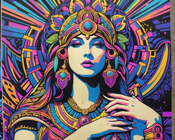 Psychedelic Portrait of a Woman with Jewelry and Headdress