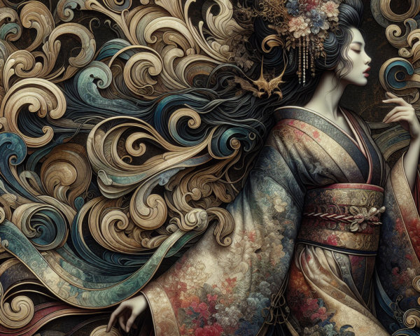 Detailed Illustration of Woman in Traditional Kimono