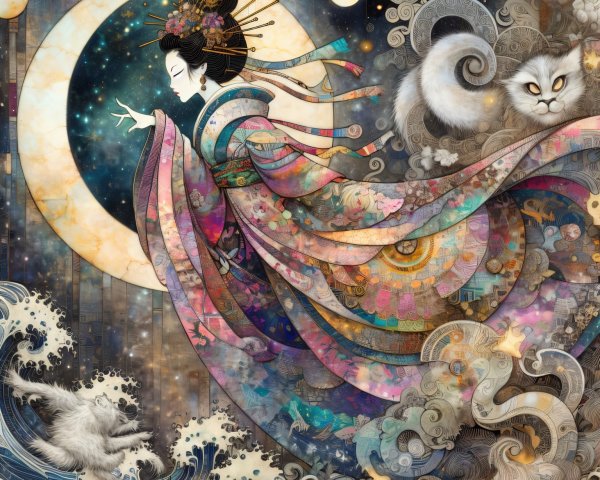 Traditional Attire and Mystical Creatures Under Moonlight