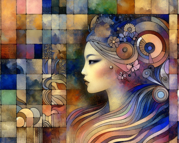 Stylized Female Profile with Vibrant Geometric Background