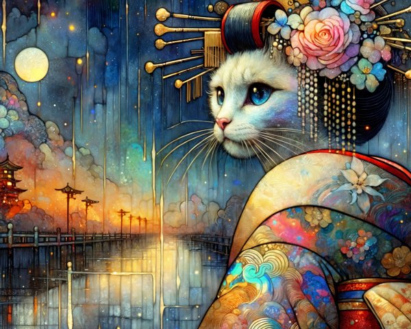 Majestic Cat in Intricate Kimono Under Starry Sky