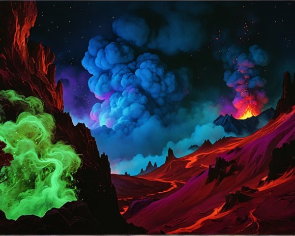 Otherworldly Landscape with Erupting Volcano and Mist