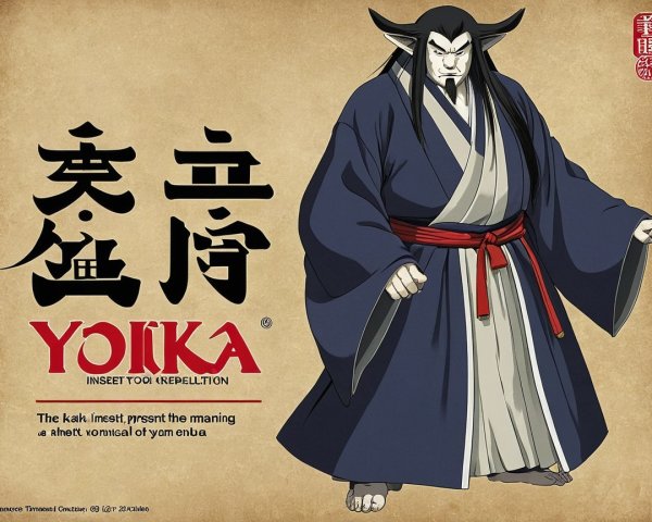 Confident Character in Dark Blue Kimono with Title