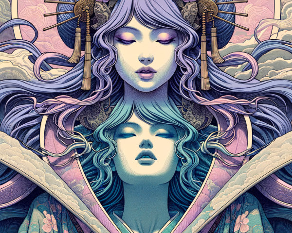 Ukiyo-e Style Illustration of Japanese Woman with Mirror Reflection