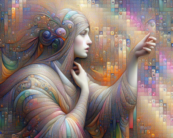 Ethereal Figure in Flowing Garments with Mosaic Background