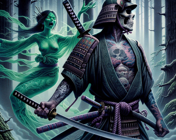 Undead Samurai Warrior and Ghostly Woman in Forest