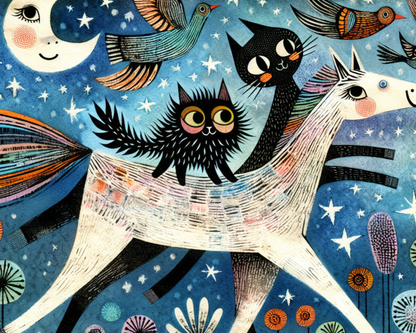 Whimsical Night Scene with Horse, Cat, and Moon