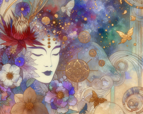 Serene Face with Floral Elements and Cosmic Background