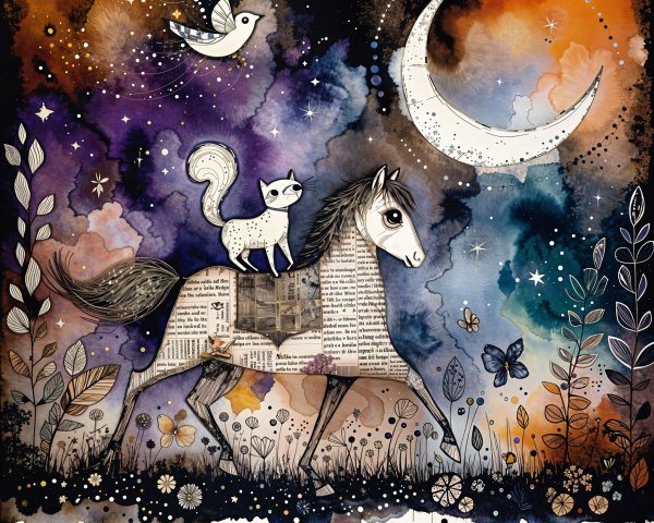 Digital Watercolor of Horse and Cat Under Night Sky