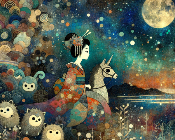 Woman in colorful kimono riding unicorn at night