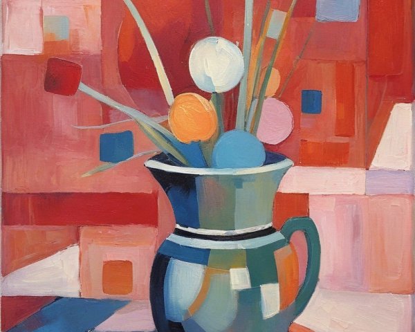 Abstract Painting with Dark Blue Vase and Colorful Forms