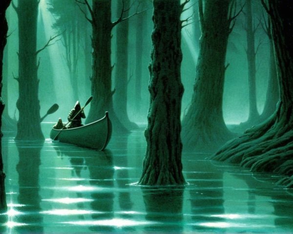 Misty Canoe Landscape with Ethereal Green Light