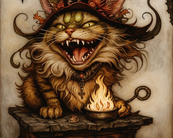 Whimsical Cat Character in Witch Hat by Fireplace