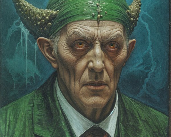 Portrait of an Older Man in Green Suit with Horns