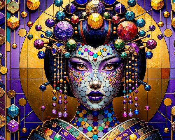 Vibrant Portrait of a Woman with Mosaic Patterns