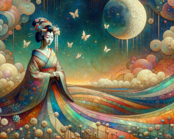 Geisha in Kimono Surrounded by Flowers and Moonlight