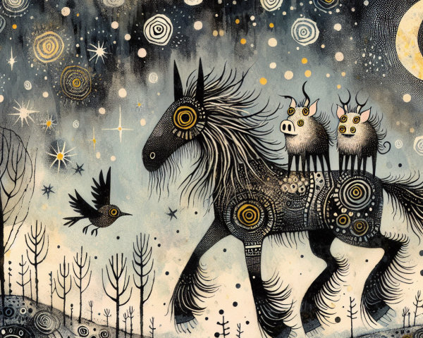 Whimsical Night Scene with Horse and Colorful Creatures