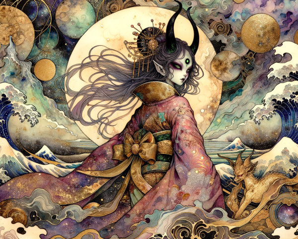 Ornate Kimono Figure in Dreamlike Fantasy Landscape