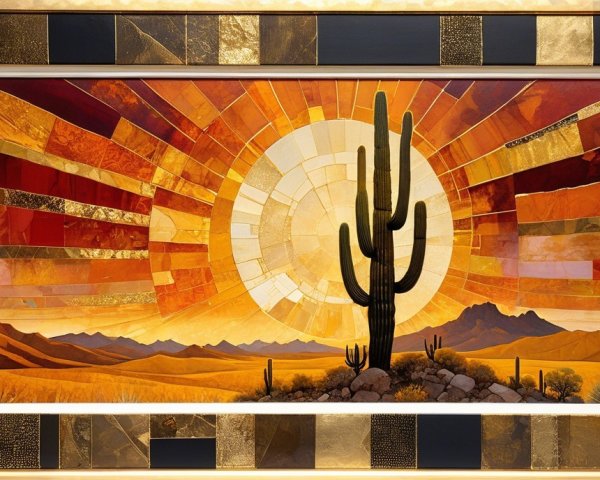 Vibrant Desert Landscape with Cactus and Sun