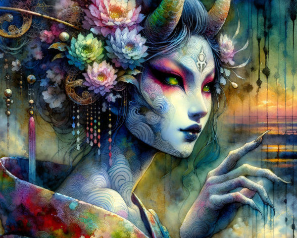Intricate Floral Patterns on a Mystical Figure