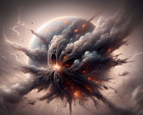 Celestial Scene with Massive Planet and Turbulent Sky