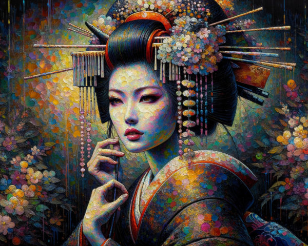 Vibrant depiction of a geisha in traditional attire