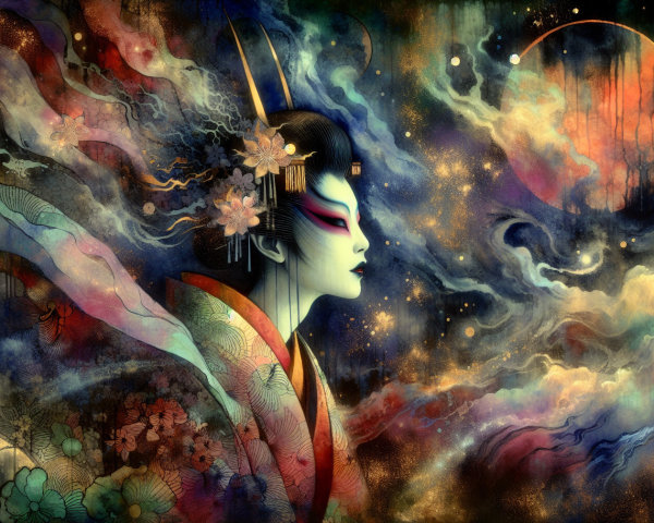 Traditional Japanese Woman in Vibrant Kimono Art