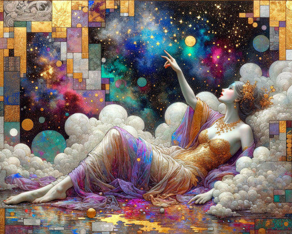 Serene Woman Reclining on Cosmic Clouds and Stars