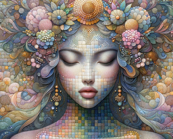 Ethereal Woman Surrounded by Vibrant Floral Mosaic
