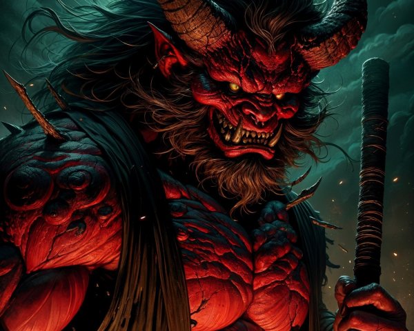 Menacing Red-Skinned Figure with Curved Horns and Staff