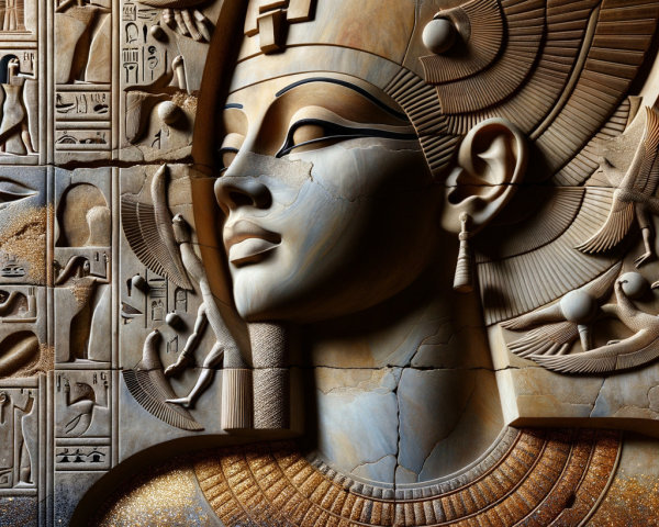 Bas-relief sculpture of an Egyptian queen with details