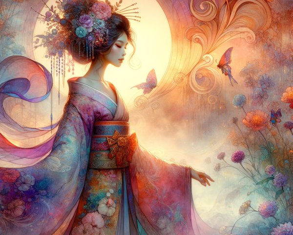 Serene Woman in Vibrant Kimono Against Dreamy Backdrop