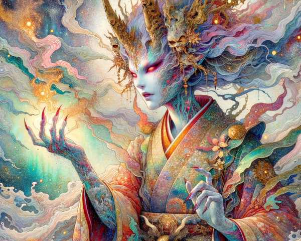Fantastical figure in ornate kimono with cosmic elements