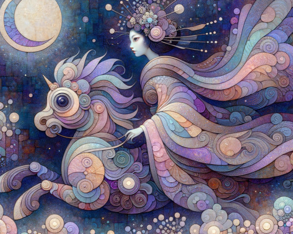 Mystical Scene of a Figure Riding a Unicorn at Night