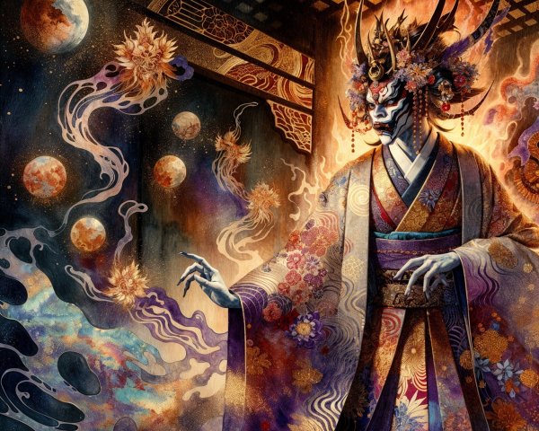 Mythical figure in vibrant attire with cosmic orbs