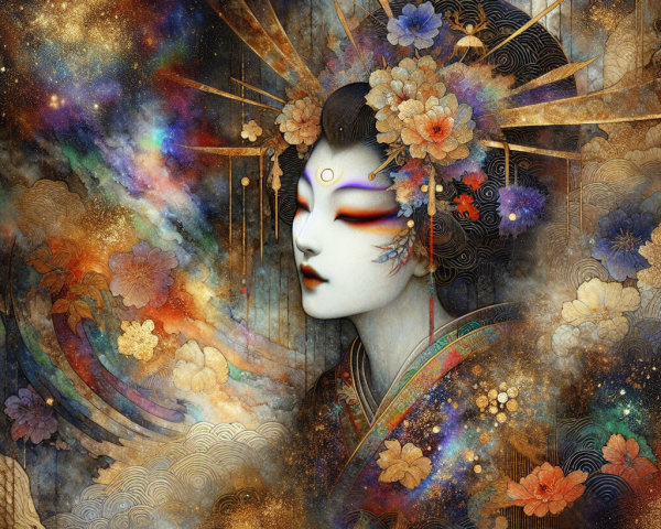 Serene Figure with Floral Headdress in Vibrant Colors