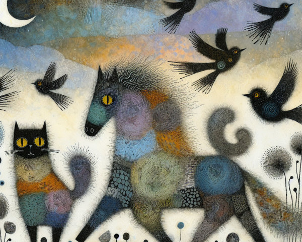 Vibrant Horse and Playful Cat in Dreamy Landscape