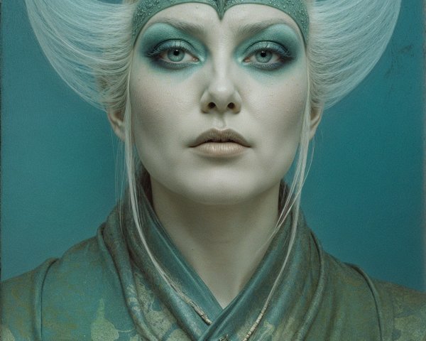Ethereal figure with white hair and teal makeup
