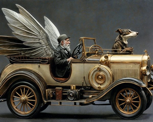 Vintage car with wings and whimsical scene elements