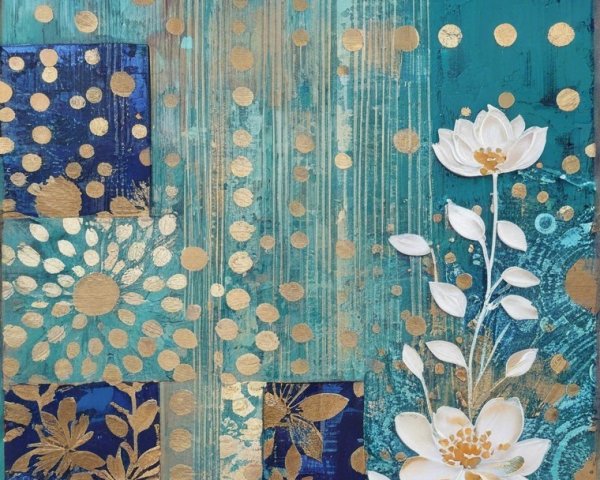 Abstract Composition with Teal Background and Flowers