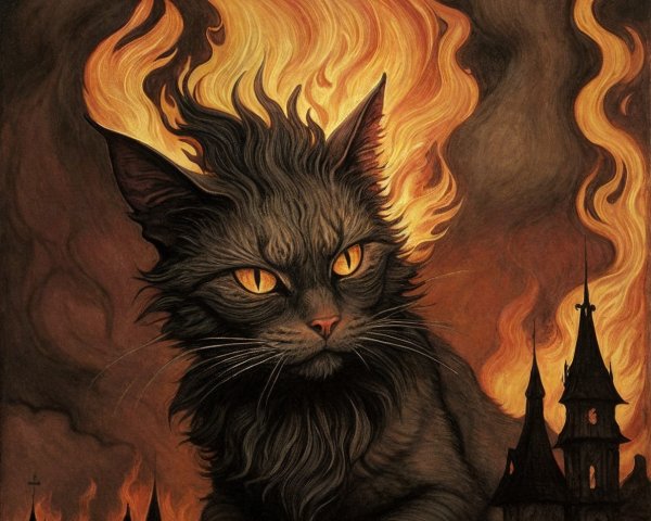 Majestic Black Cat in Gothic Fantasy Landscape