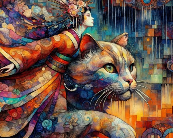 Surreal Scene of Woman on Cat in Vibrant Colors