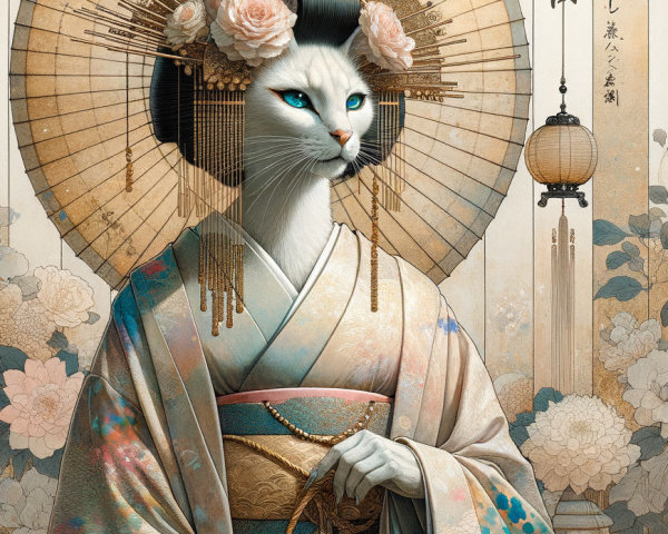 Feline Figure Styled as a Traditional Japanese Geisha