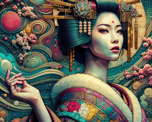 Digital Painting of a Japanese Woman in Kimono Style