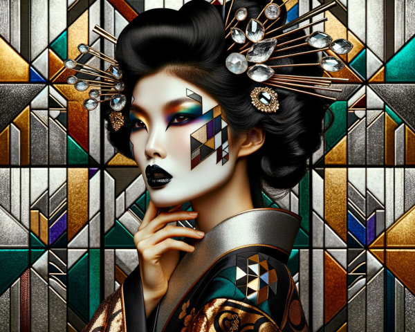Portrait of a Woman in Traditional Attire with Stained Glass