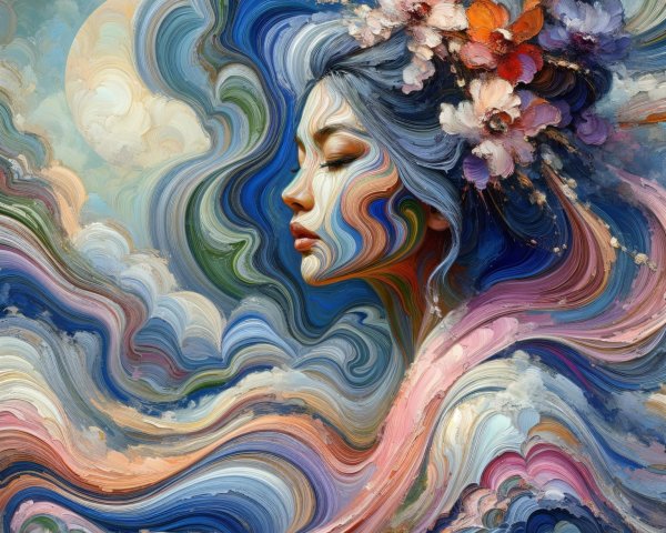 Dreamy Portrait of Woman with Flowers and Waves