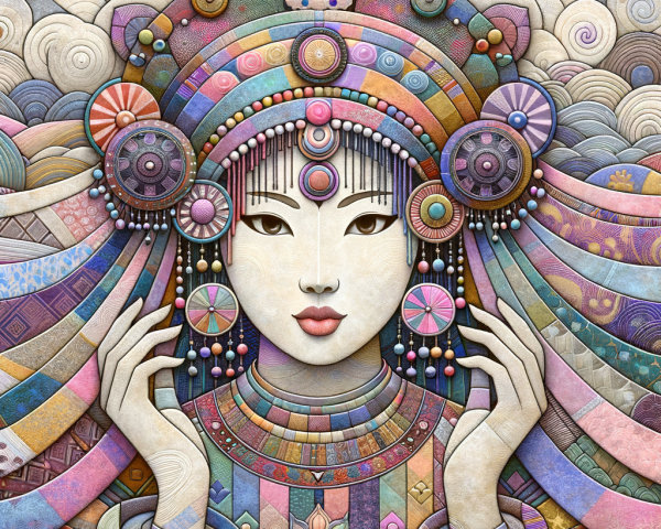 Colorful depiction of a serene female figure with jewelry