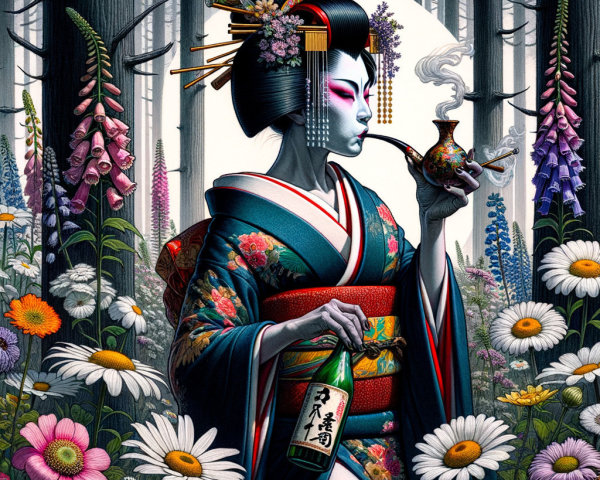 Geisha in Vibrant Kimono in Mystical Forest Setting